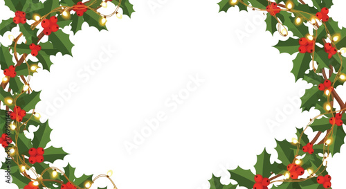 Festive christmas holly and lights frame on white background