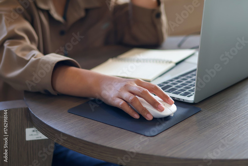 Use your hand to hold the white mouse to view information on the laptop.
