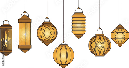 Decorative golden lanterns hanging for festive celebration design on white background