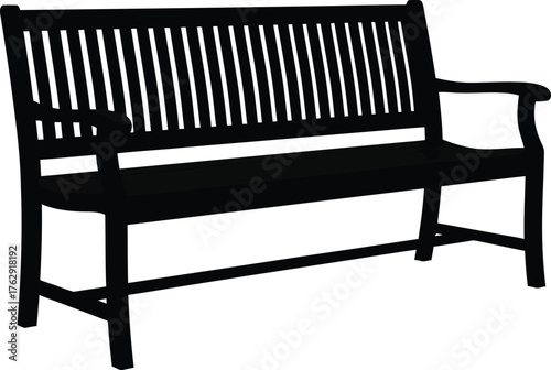 Black wooden park bench with slatted seat and backrest outdoor