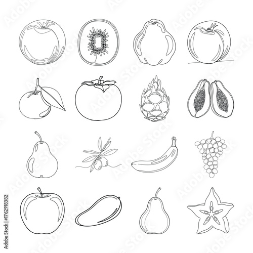 Collection of assorted fruits and vegetables drawn with continuous line art on a white background apple