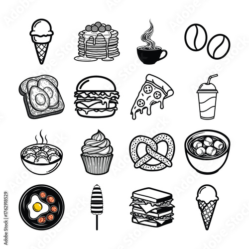 Collection of black and white food and drink icons including ice cream burger pizza and coffee vector