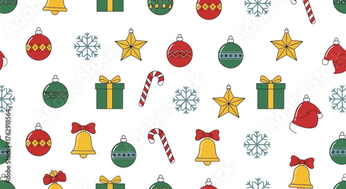 Festive christmas pattern with ornaments and holiday decorations on white background
