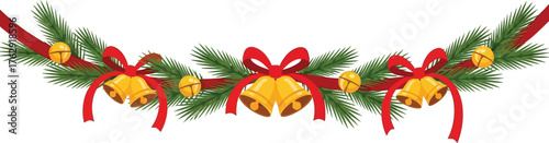 Festive christmas garland with bells and red ribbons decoration on white background