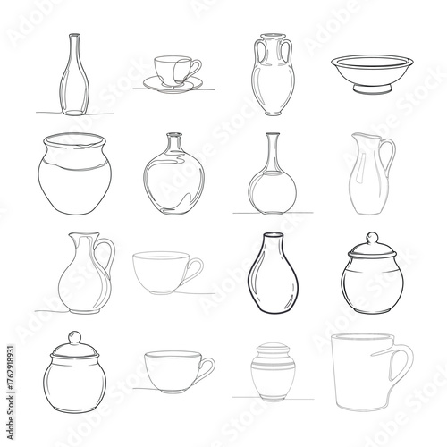 Collection of continuous line drawings of various ceramic vessels and cups pottery vase