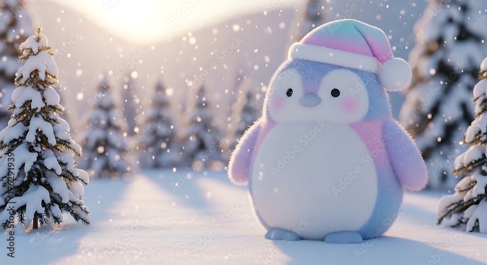 Obraz premium Adorable pastel-colored penguin character wearing a Santa hat standing in a snowy winter wonderland as snow falls.