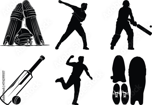 Cricket player batting bowling wicket keeper gear and equipment silhouettes sport game