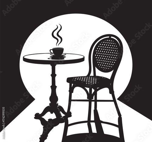 A silhouette of a chair and table with a cup of coffee against a circular background design art
