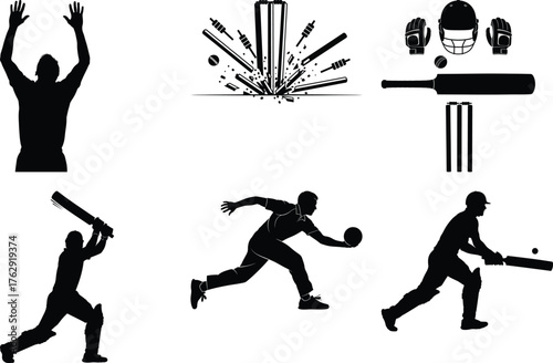 Cricket players batting bowling and fielding in black silhouette sport game