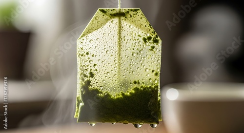 Green tea bag steeping in hot water with steam rising.