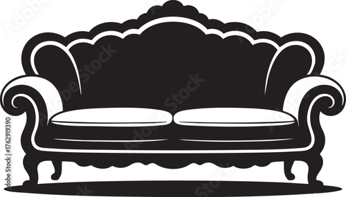 Isolated black silhouette of an ornate sofa with white cushions on a plain white background art