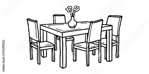 Illustration of table chairs furniture room interior design dining room home decor flowers vase drawing art