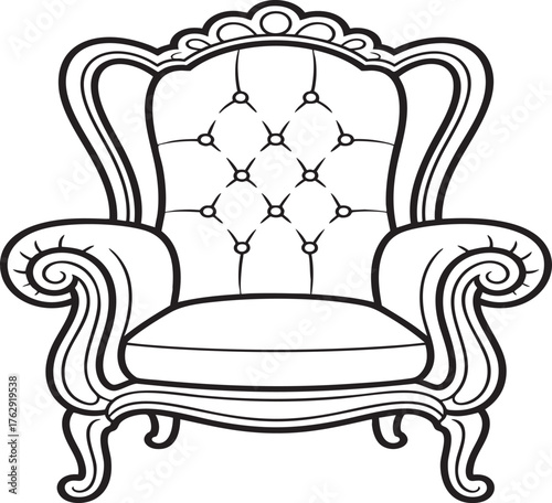 Illustration of an ornate armchair with tufted back and scrolled armrests in black and white outline