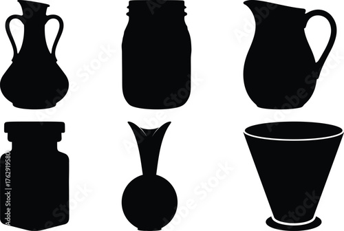 Six black silhouette illustrations of various containers and vases white