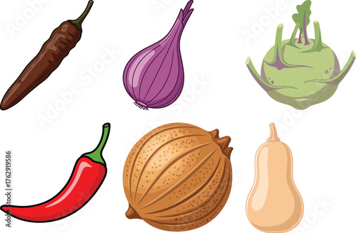 Six different vegetables including peppers onions kohlrabi and squash chili brown