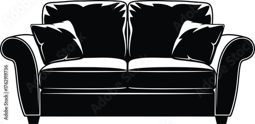 Black and white illustration of a plush sofa with two cushions couch furniture