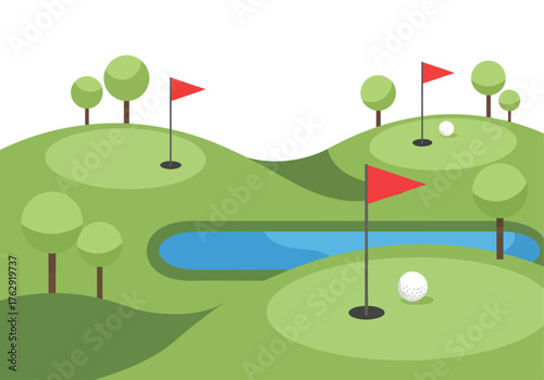 A scenic vector illustration of a minimalist golf course, showing rolling green hills, a tranquil water hazard, and several putting greens with red flags