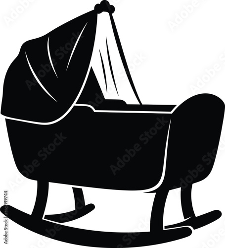 Black and white illustration of a baby bassinet with canopy cradle infant