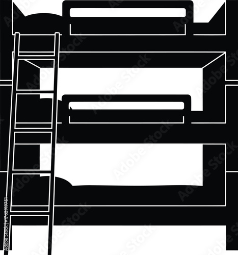 Black and white illustration of a three-tier bunk bed with ladder triple