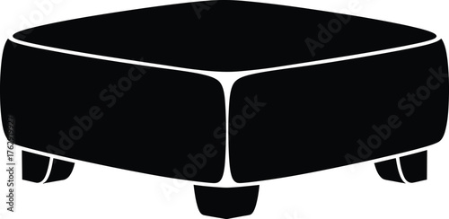 Black cube ottoman with four short legs on white background stool pouf