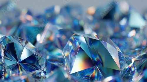 Captivating close up view displaying shiny blue diamonds with prismatic reflections