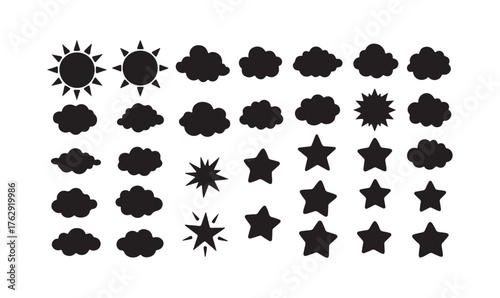 Black nature vector silhouette set: tree, flower, and leaf illustrations for seamless pattern design