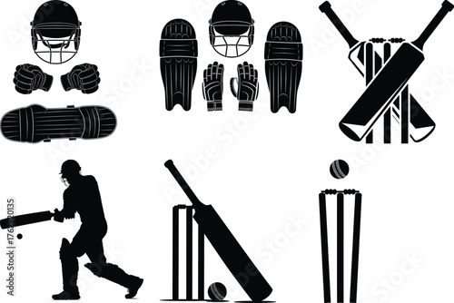 Black silhouette cricket equipment and player on white background sport ball