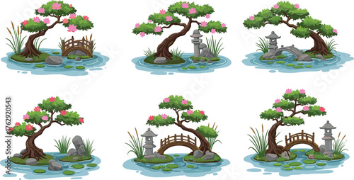 Six Japanese Zen Garden Scenes With Bonsai Trees Bridges And Lanterns japanese garden pink lotus