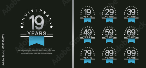 set of anniversary logo style with blue ribbon. vector design silver color for celebration