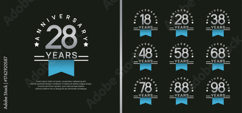 set of anniversary logo style with blue ribbon. vector design silver color for celebration