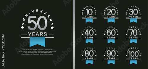 set of anniversary logo style with blue ribbon. vector design silver color for celebration