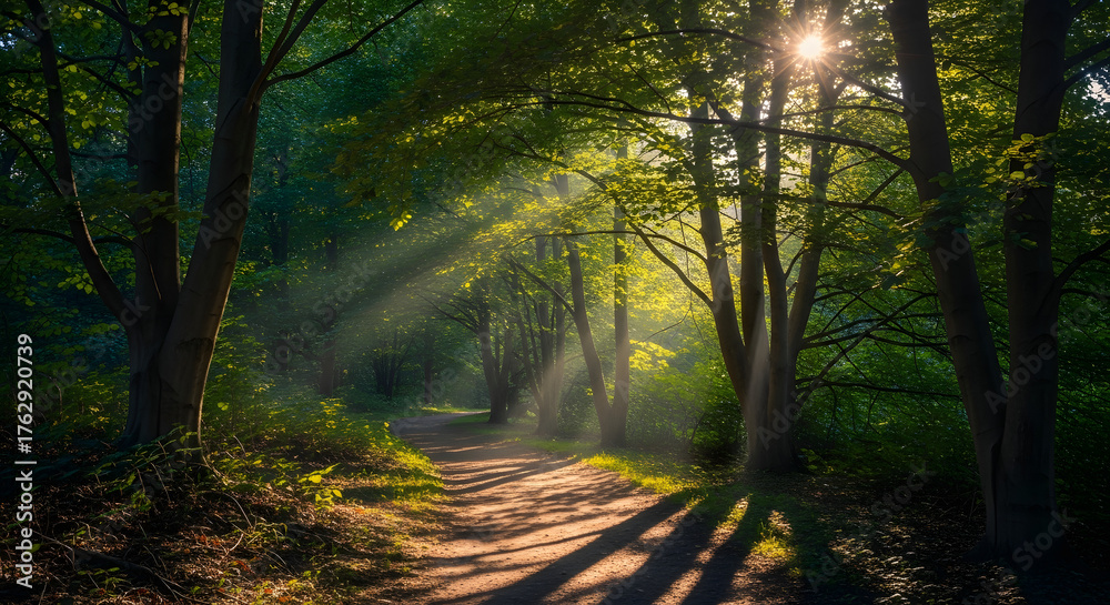 Naklejka premium Sunlight streams through the lush green canopy of a forest, illuminating a winding dirt path with ethereal light rays and long shadows.