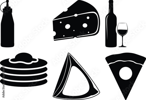 Black silhouette icons of food and drink items including a bottle ketchup cheese wine glass pancakes pizza