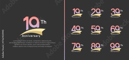 set of anniversary logo style yellow ribbon. vector design pink color for celebration