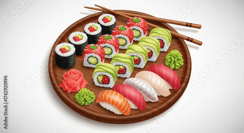 Modern 3D vector of poke bowl filled with rice, vegetables, and salmon slices, minimalistic and clean design on white background.