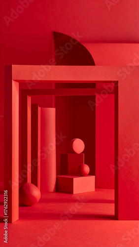 Red geometric shapes in a room