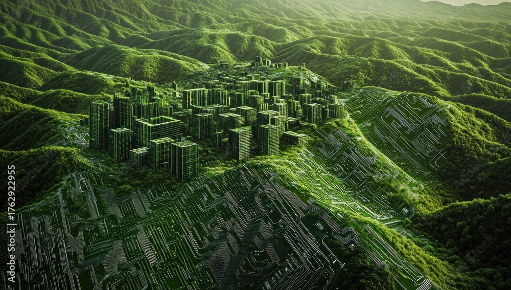 Fototapeta premium Harmonious coexistence of nature and technology, A sustainable future