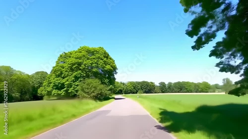 Country road with lush green trees and a clear blue sky