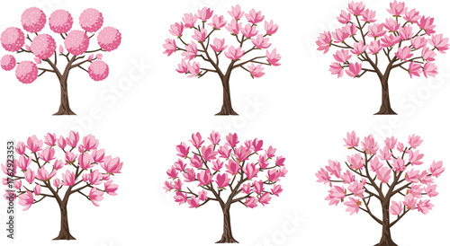 Six stylized trees with pink blossoms and brown trunks on white background flower spring
