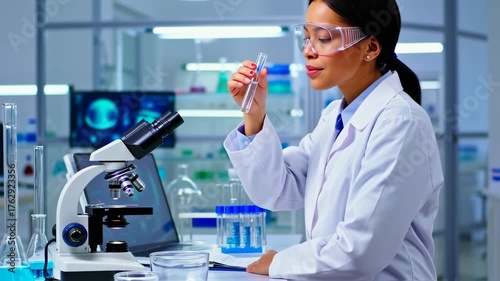 Scientist examines test tube in lab