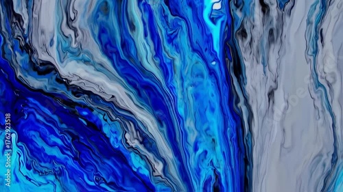 Abstract fluid art with flowing blues, grays, and whites