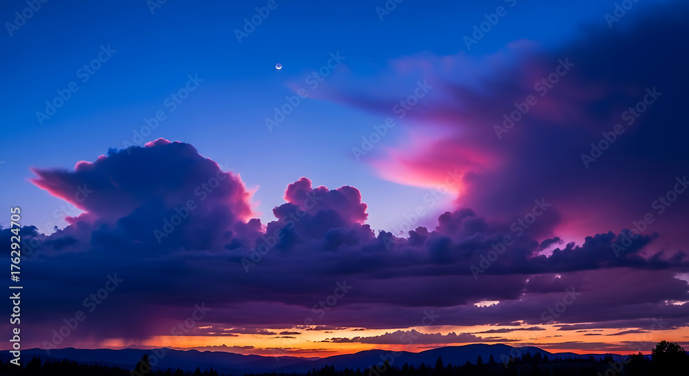 Fototapeta premium Dramatic sunset clouds painted with vibrant pink and orange hues over a silhouetted mountain range.