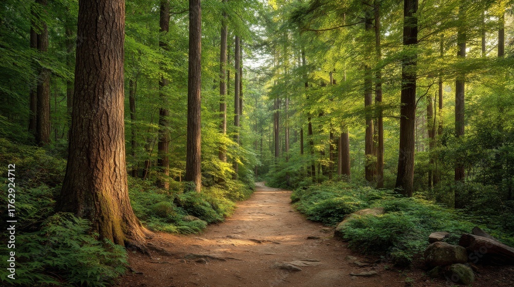Obraz premium Vibrant Green Forest Trail Bathed in Golden Sunlight, Inviting Exploration in Nature's Serenity and Beauty Among the Trees and Lush Foliage