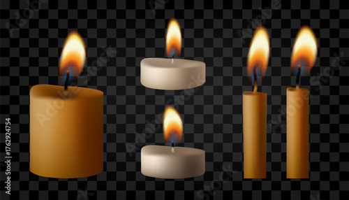 Candle gold flame set. Memorial, short tea light. Burning Bday or wedding fires, vector isolated illustration. 3d lit torch, transparent candlelight. Blow to extinguish wick, spa paraffin heat symbol
