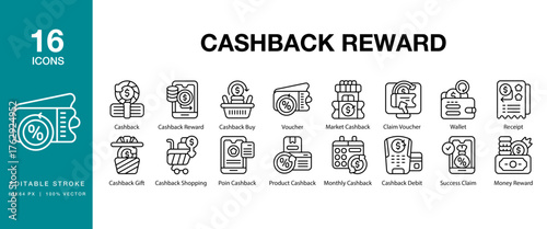 Cashback Reward icon set. Includes cashback, reward, rebate, bonus, points and More. Editable Stroke Icon Collection.