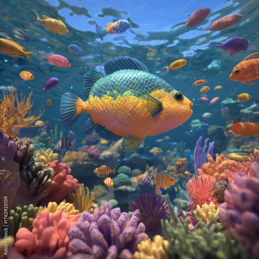 Fototapeta premium Sunfish swimming above coral reef surrounded by colorful tropical marine life