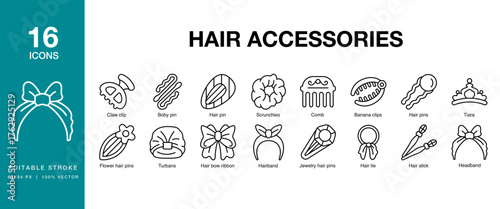 Hair Accessories icon set. Includes hair, accessories, headband, hair band, scrunchie and More. Editable Stroke Icon Collection.