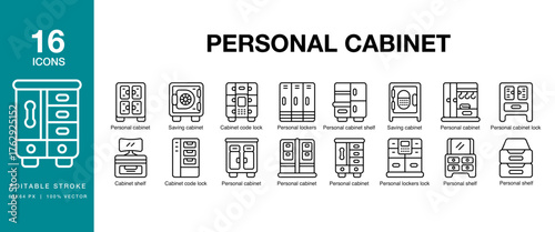 Personal Cabinet icon set. Includes personal, cabinet, furniture, storage, drawer and More. Editable Stroke Icon Collection.