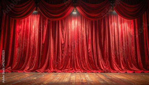 Rich Red Velvet Stage Curtains Adorned With Sequins Illuminated By Warm Stage Lights Creating A Dramatic And Luxurious Atmosphere With A Glistening Wooden Stage Floor Below