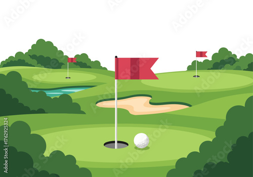 A vector illustration of a scenic golf course landscape, with a ball on the foreground green next to the flagstick, near sand traps and water hazards